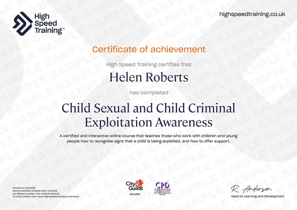Sample Certificate for Child Sexual Exploitation and Child Criminal Exploitation Awareness