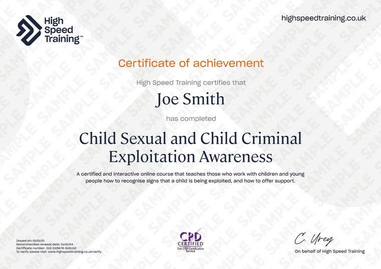 Sample Certificate for Child Sexual Exploitation and Child Criminal Exploitation Awareness