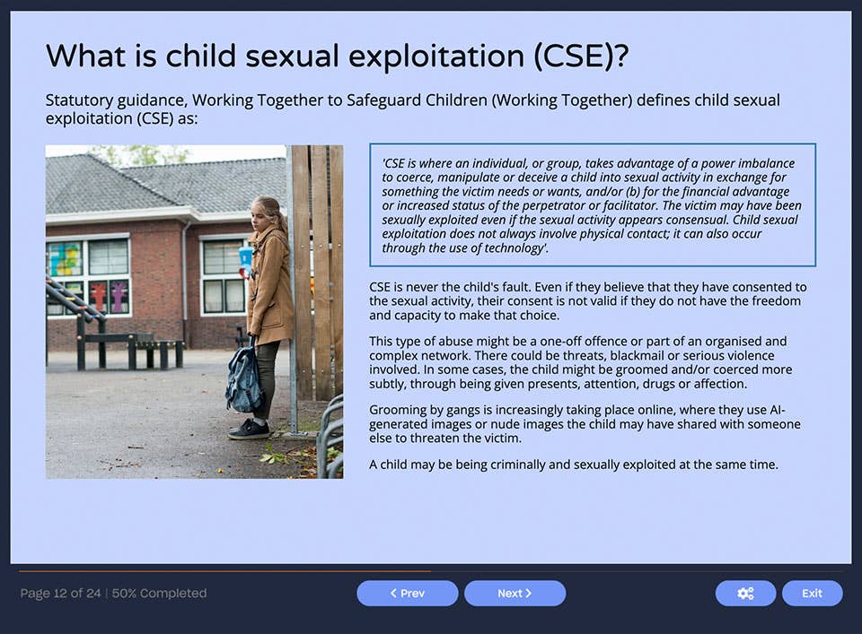Course screenshot defining child sexual exploitation