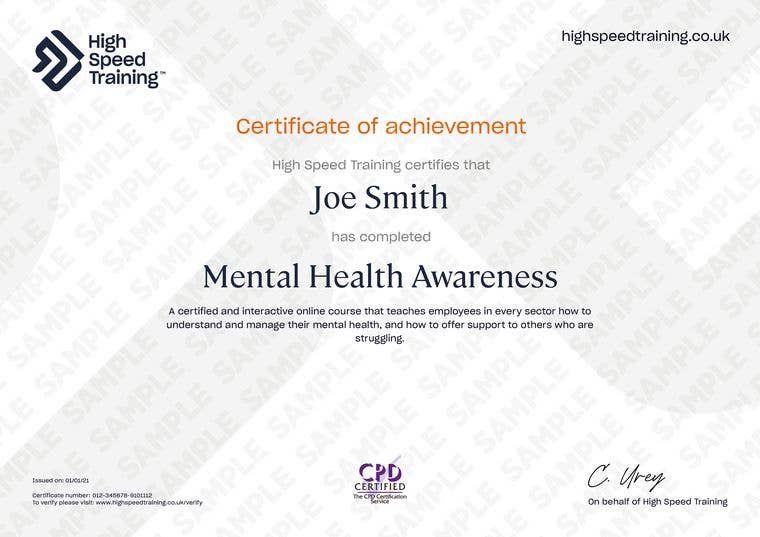 Sample Mental Health Awareness Certificate