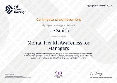 Sample Mental Health Awareness For Managers Certificate