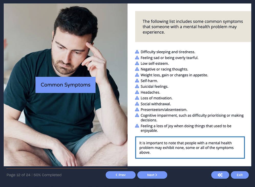 Course screenshot showing coming common symptoms