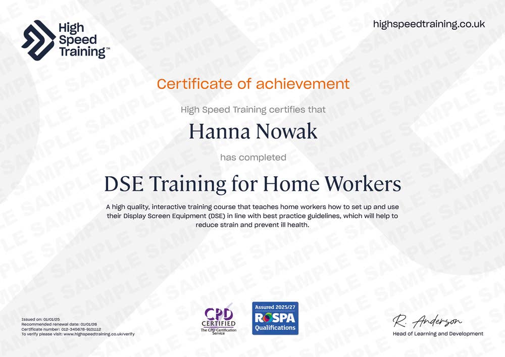 Sample DSE Training for Home Workers certificate