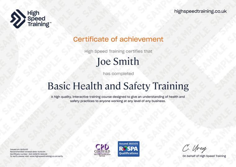 Sample Basic Health and Safety Training certificate