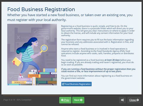 Course screenshot showing food business registration