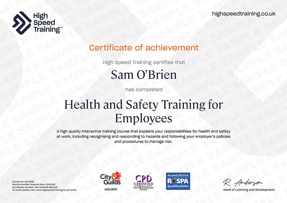 Sample Health and Safety Training for Employees certificate
