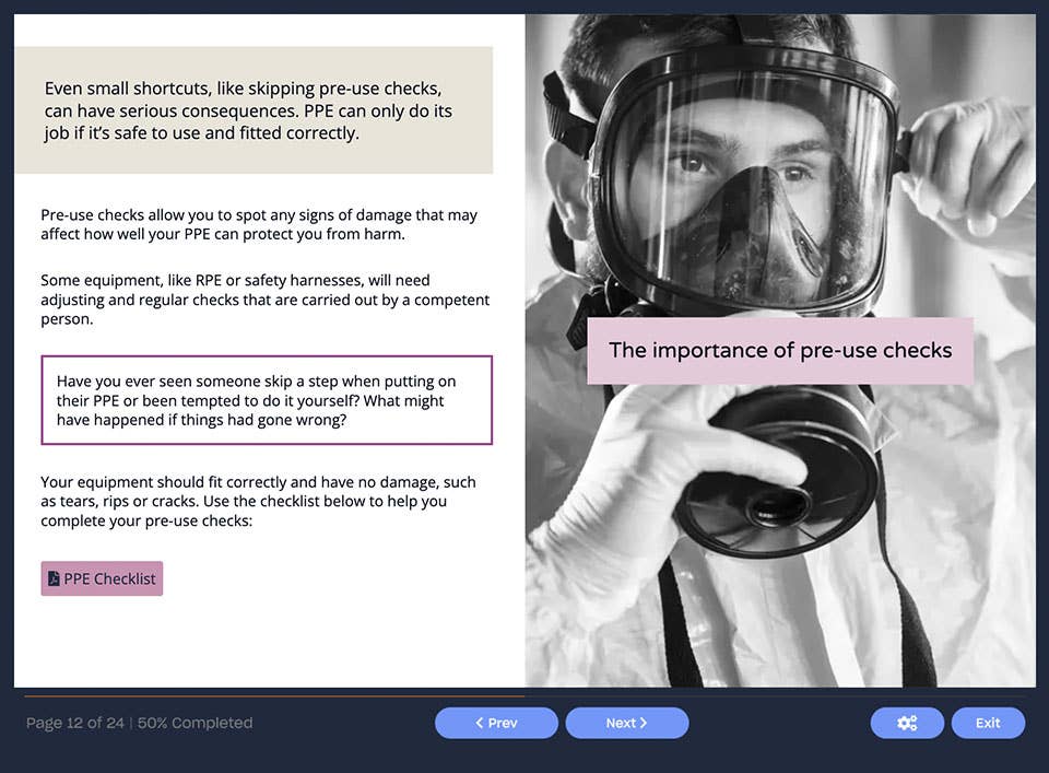 Course screenshot demonstrating the importance of pre-use checks
