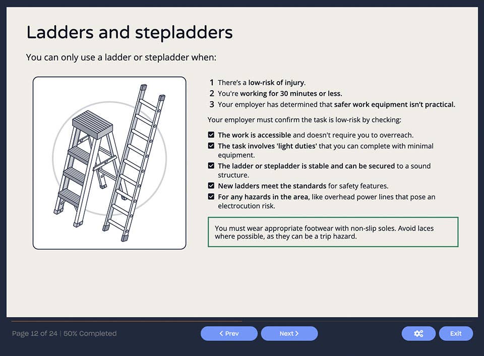 Course screenshot showing how to use ladders and stepladders