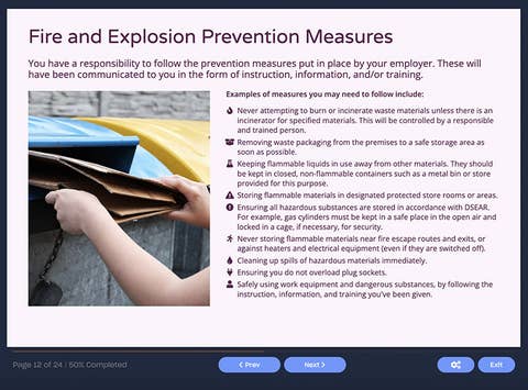 Course screenshot showing fire and explosion prevention measures