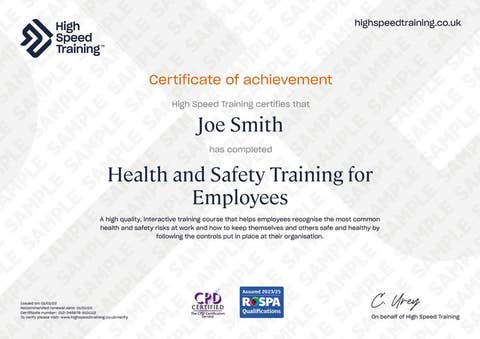 Sample Health and Safety Training for Employees Certificate
