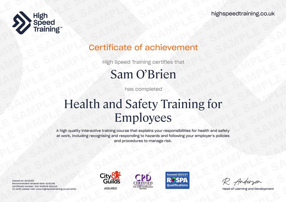 Sample Health and Safety Training for Employees certificate