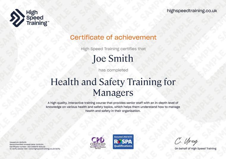 Sample Health and Safety Training for Managers Certificate