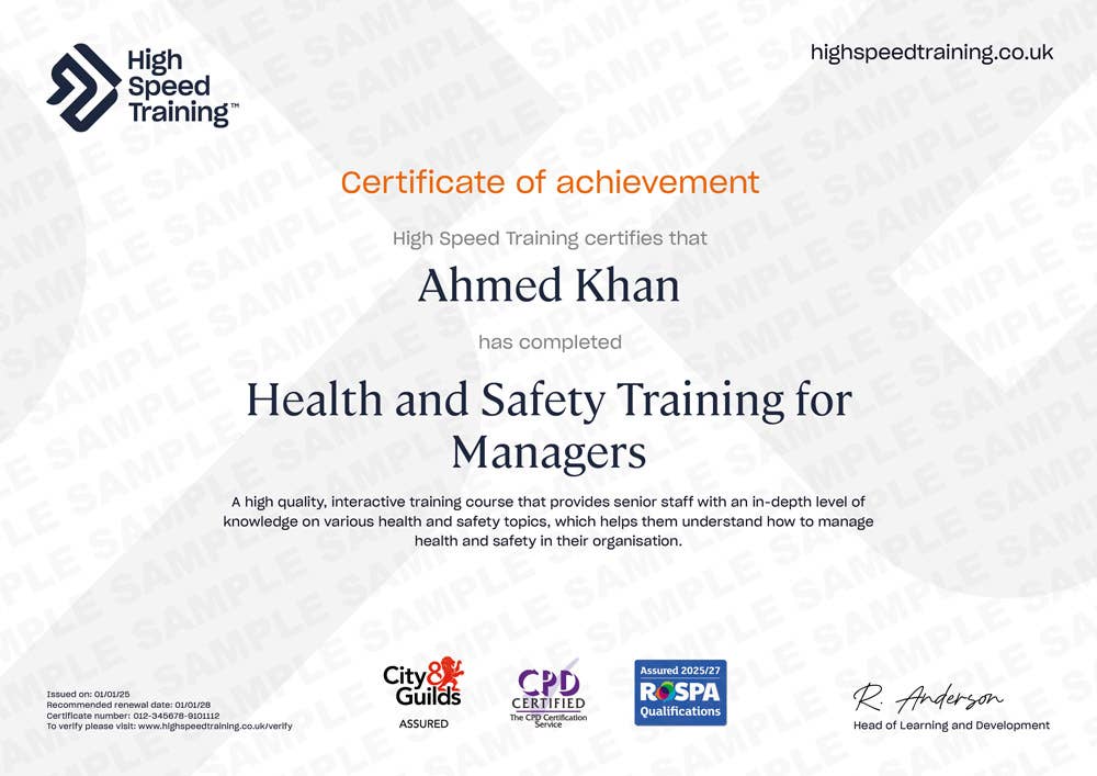 Sample Health and Safety Training for Managers certificate