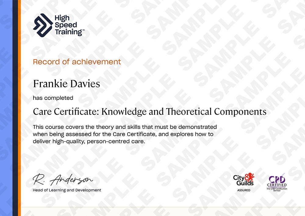 Example record of achievement for the Care Certificate Course