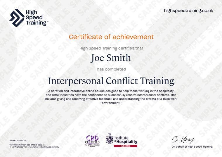 Sample Interpersonal Conflict Training Certificate