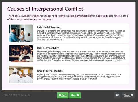 Course screenshot showing causes of interpersonal conflict