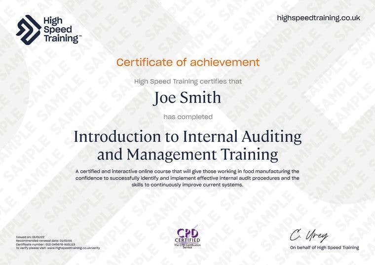 Sample Introduction to Internal Auditing and Management Training certificate