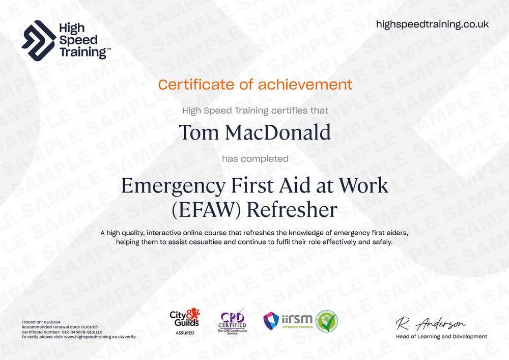 Sample Emergency First Aid at Work (EFAW) Refresher Certificate