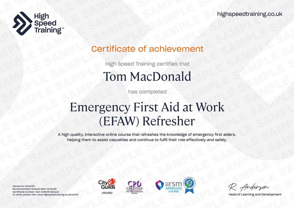 Sample Emergency First Aid at Work (EFAW) Refresher Certificate