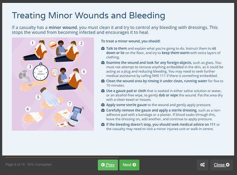 Course screenshot showing how to treat minor wounds and bleeding