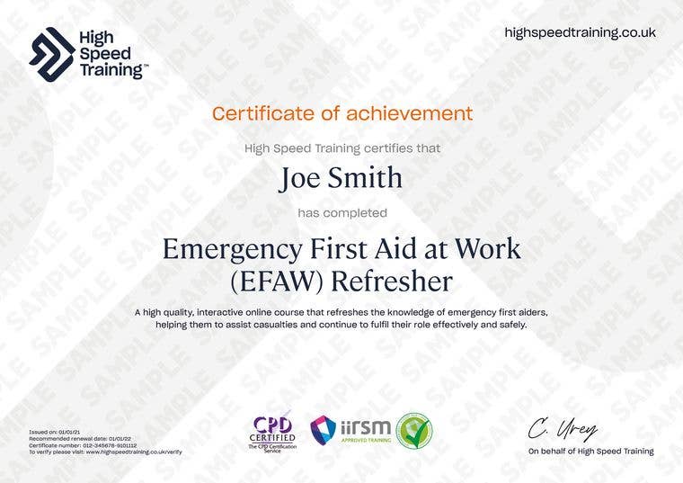 Sample Emergency First Aid at Work (EFAW) Refresher Certificate