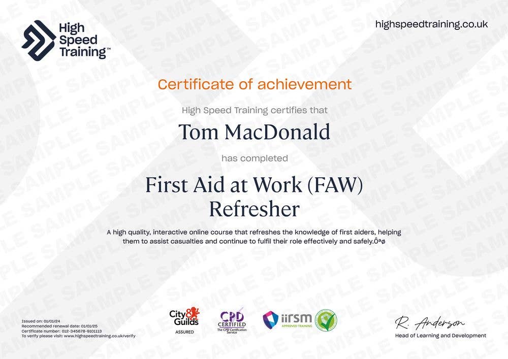Sample First Aid at Work (FAW) Refresher Certificate