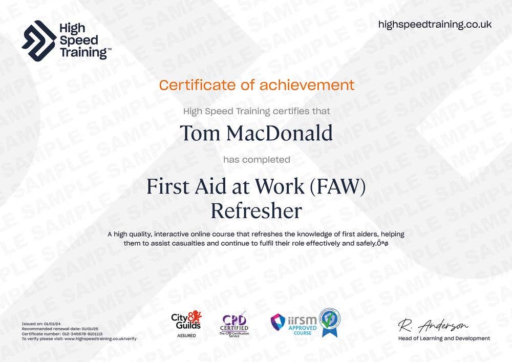 Sample First Aid at Work (FAW) Refresher Certificate