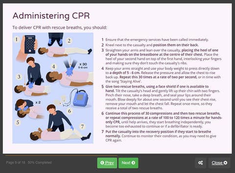 Course screenshot showing how to administer cpr