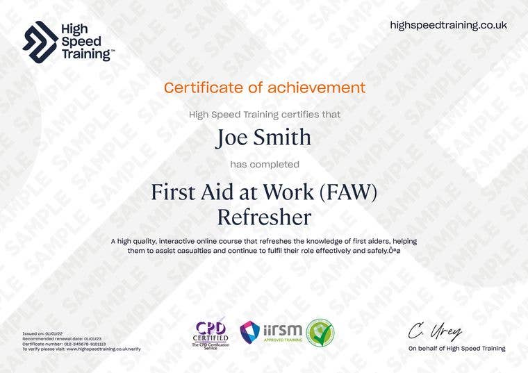 Sample First Aid at Work (FAW) Refresher Certificate