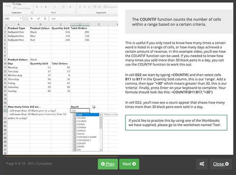 Course screenshot showing how to do COUNTIF