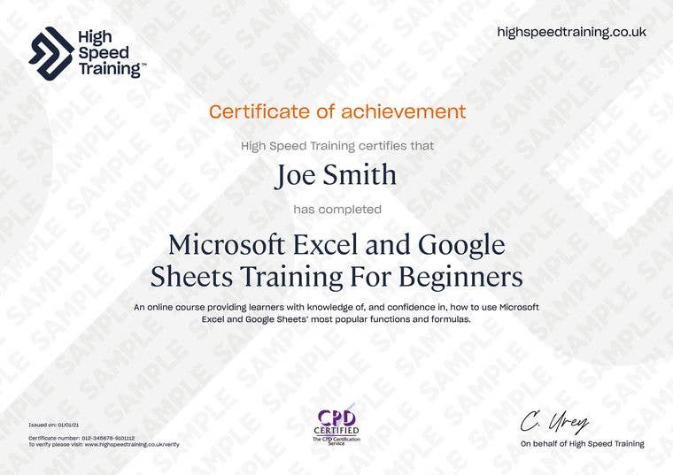 Sample Microsoft Excel and Google Sheets Training For Beginners Certificate