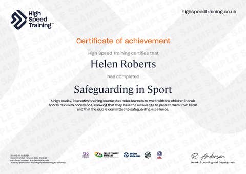 Sample Safeguarding in Sport Certificate