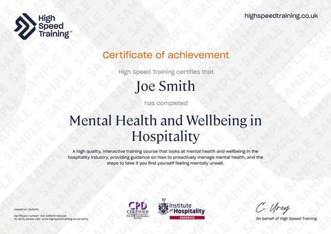 Sample Mental Health and Wellbeing In Hospitality Certificate