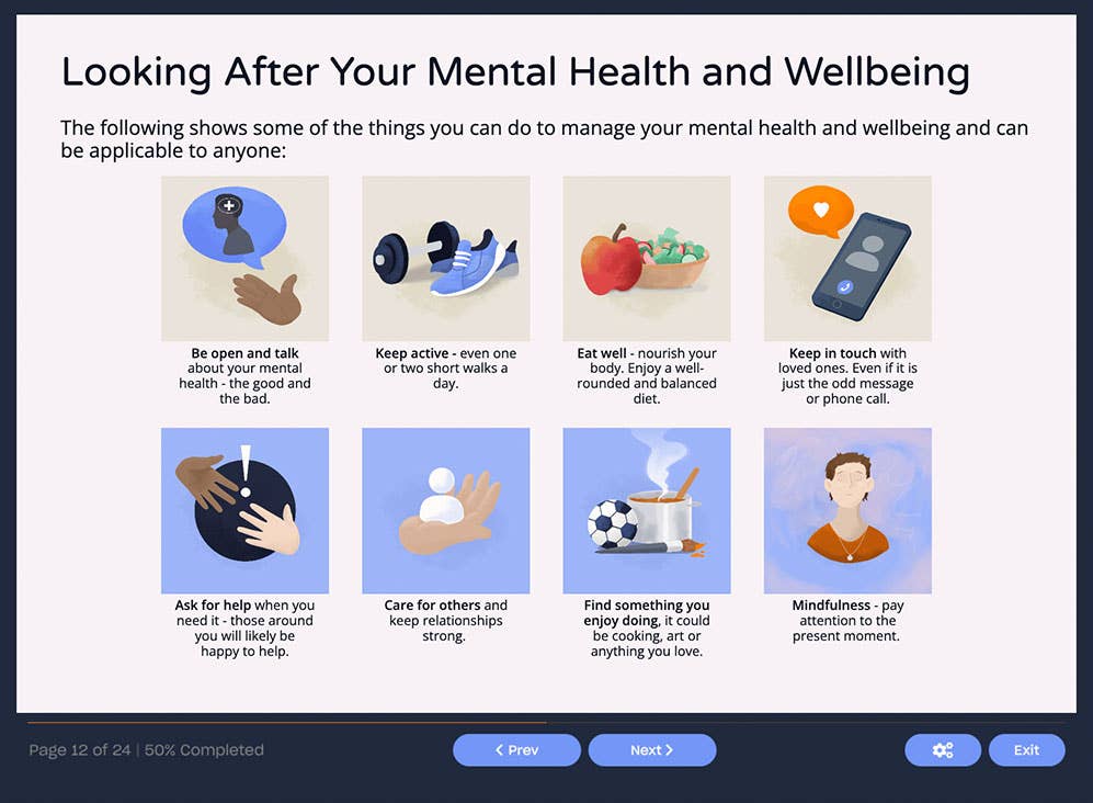 Course screenshot showing how to look after your mental health and wellbeing