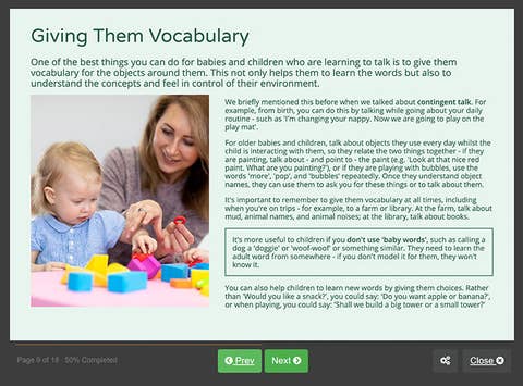 Course screenshot showing how to give children vocabulary