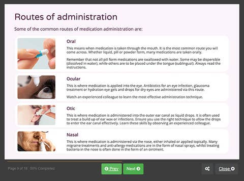 Course screenshot showing routes of administration