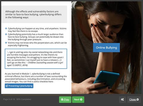 Course screenshot showing online bullying