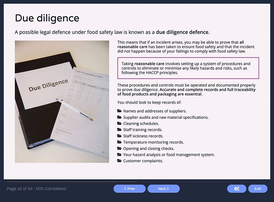 Course screenshot showing due dilligence