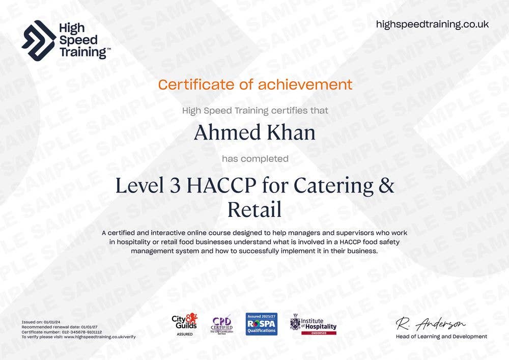 Sample Level 3 HACCP for Catering & Retail Certificate