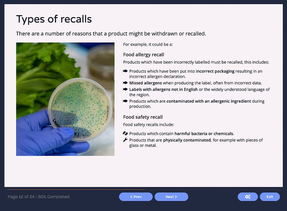 Course screenshot showing types of recalls