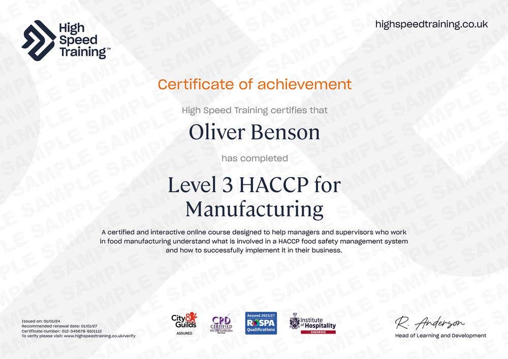 Sample Level 3 HACCP for Manufacturing Certificate