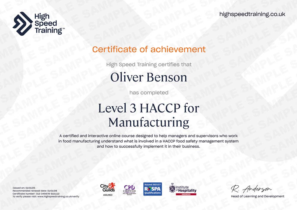 Sample Level 3 HACCP for Manufacturing Certificate