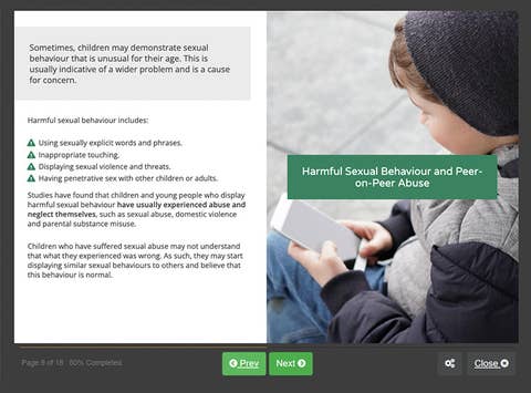 Course screenshot showing harmful sexual behaviour and peer-on-peer abuse