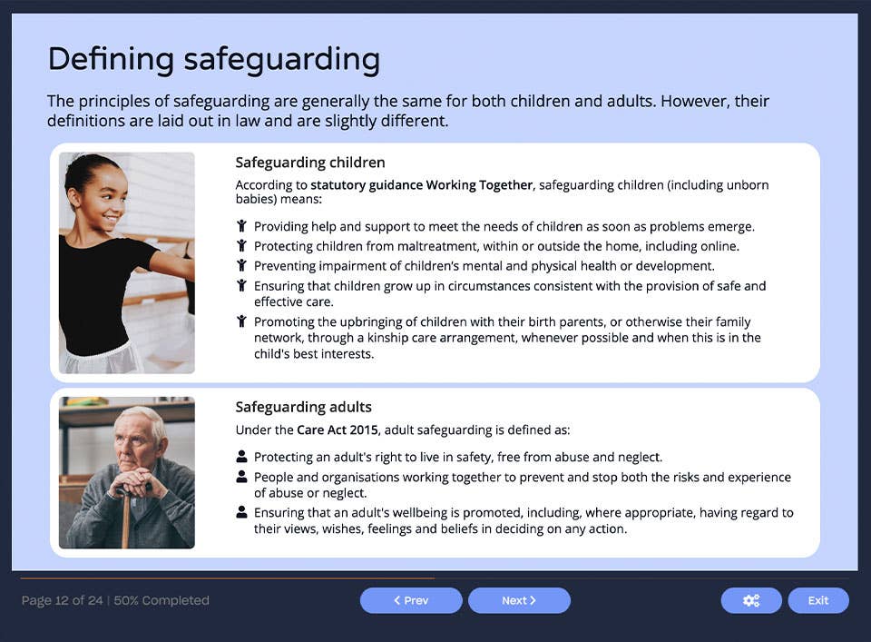 Course screenshot showing defining safeguarding
