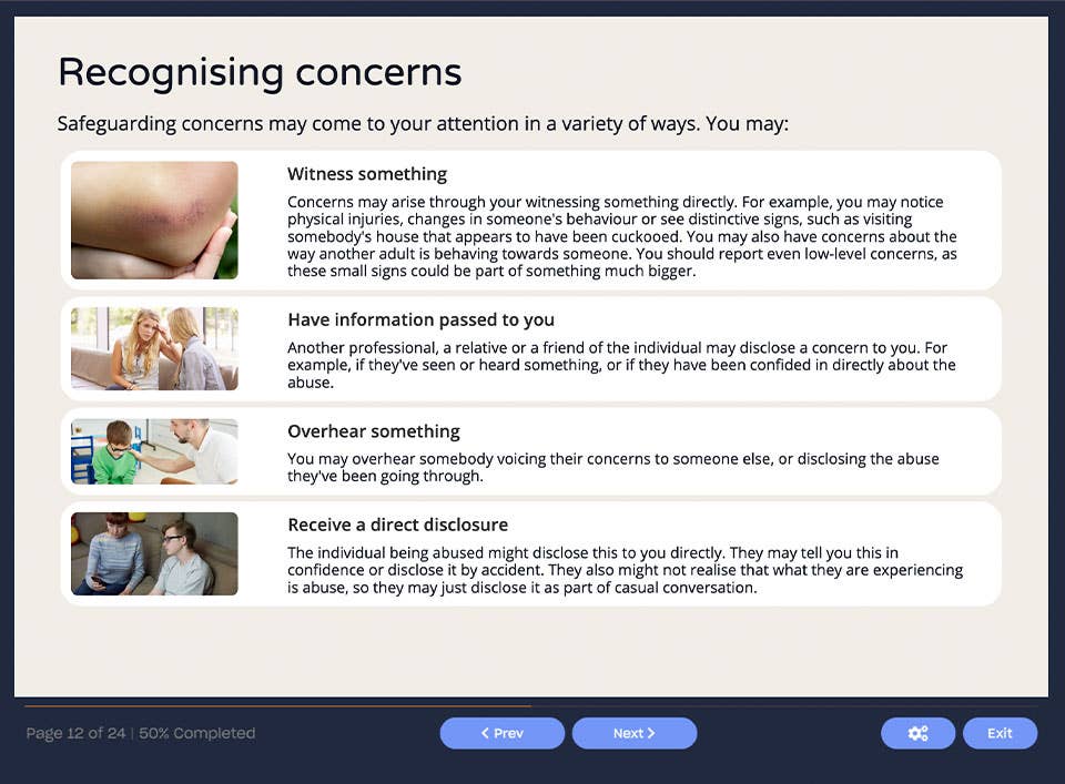 Course screenshot showing recognising concerns