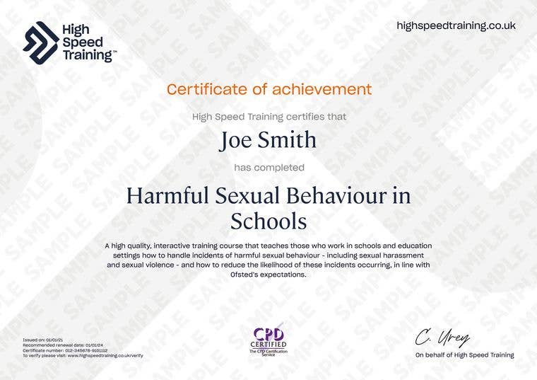 Sample Harmful Sexual Behaviour in Schools Certificate