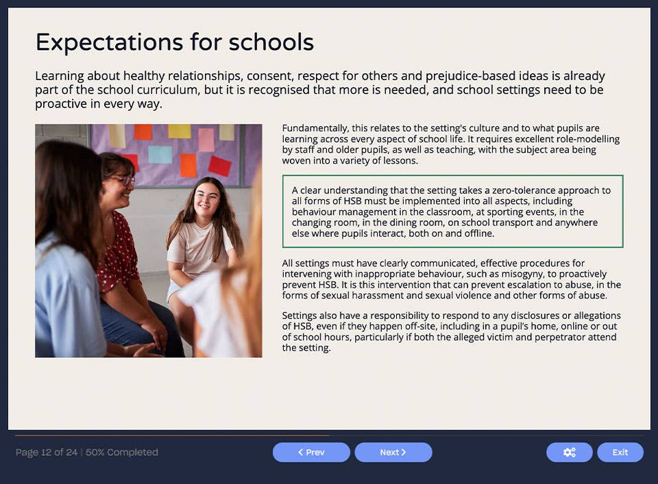Course screenshot showing expectations for schools