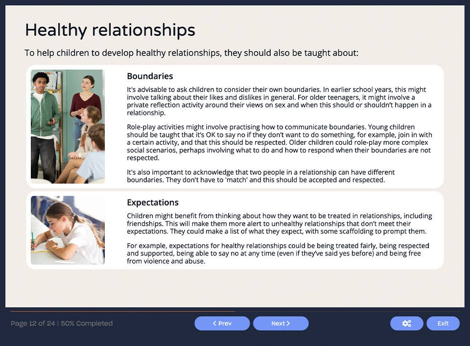 Course screenshot showing healthy relationships