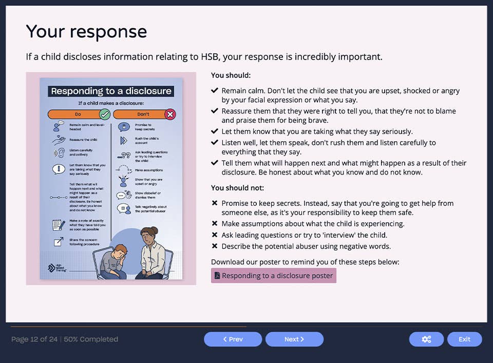 Course screenshot showing responding to a disclosure
