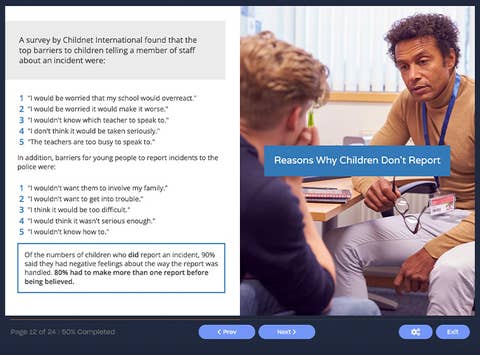 Course screenshot showing reasons why children don't report